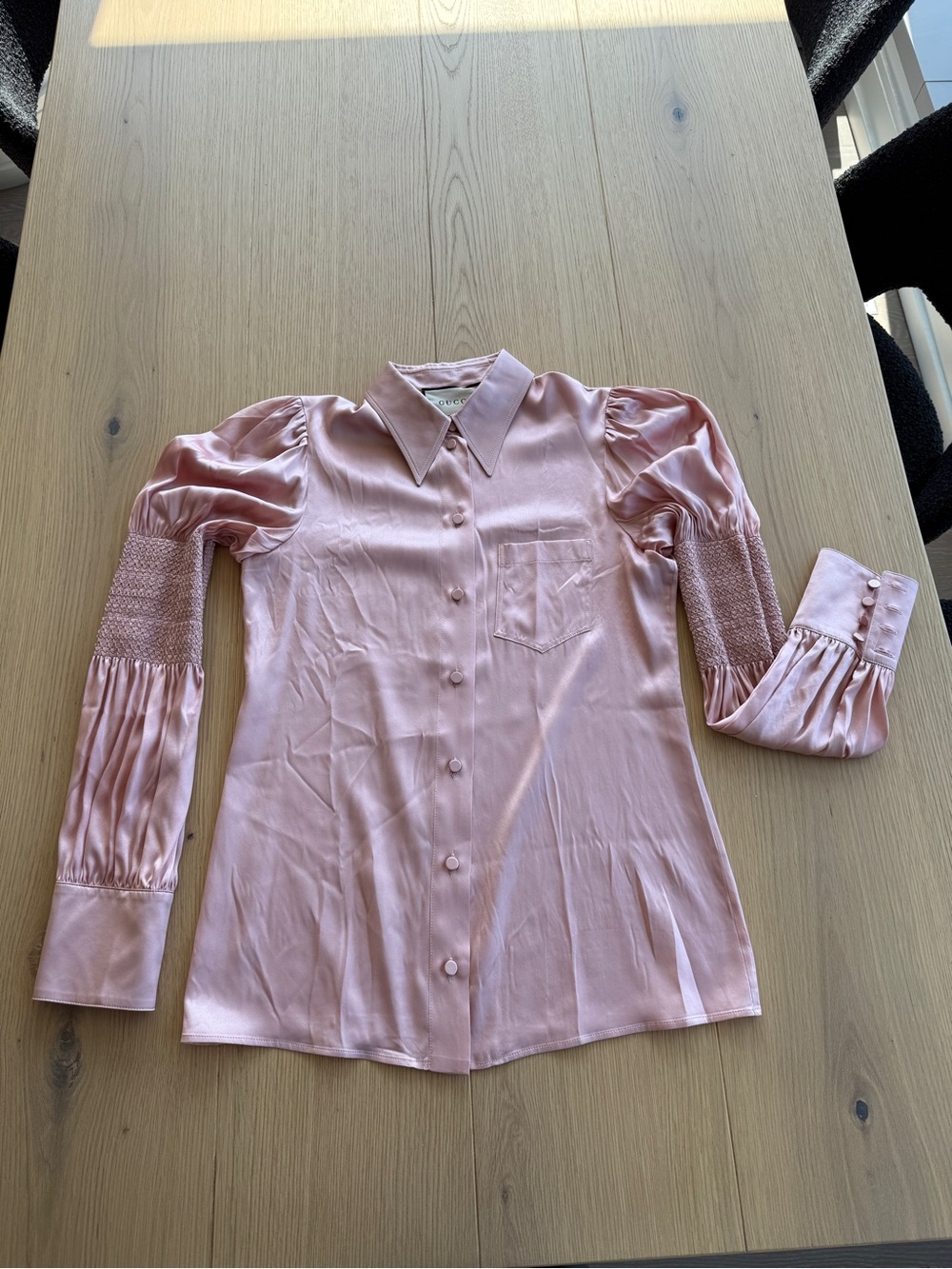 Gucci Blush Pink Silk Blouse Smocked Cuff Sleeves Size 40